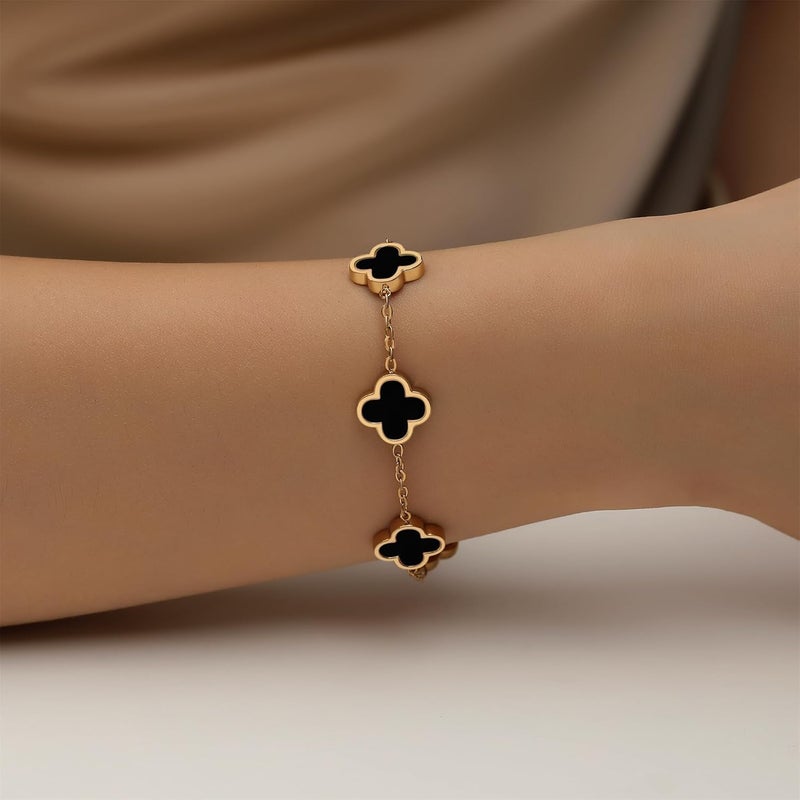 HAITTY 18K Gold Plated Clover Bracelet Set for Women White/Black/Gold/Silver/Green/Pink Adjustable Link Double-Sided Lucky Bracelets Trendy Bracelets Set Jewelry Gifts for Women Men - Image 2